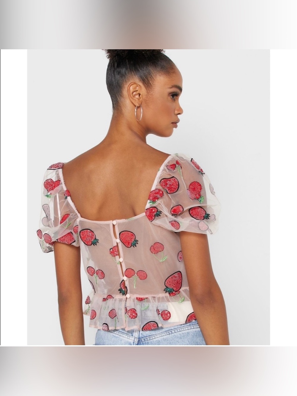 Topshop Sheer Strawberry cherry sequined Embroidered Puff Sleeve Top